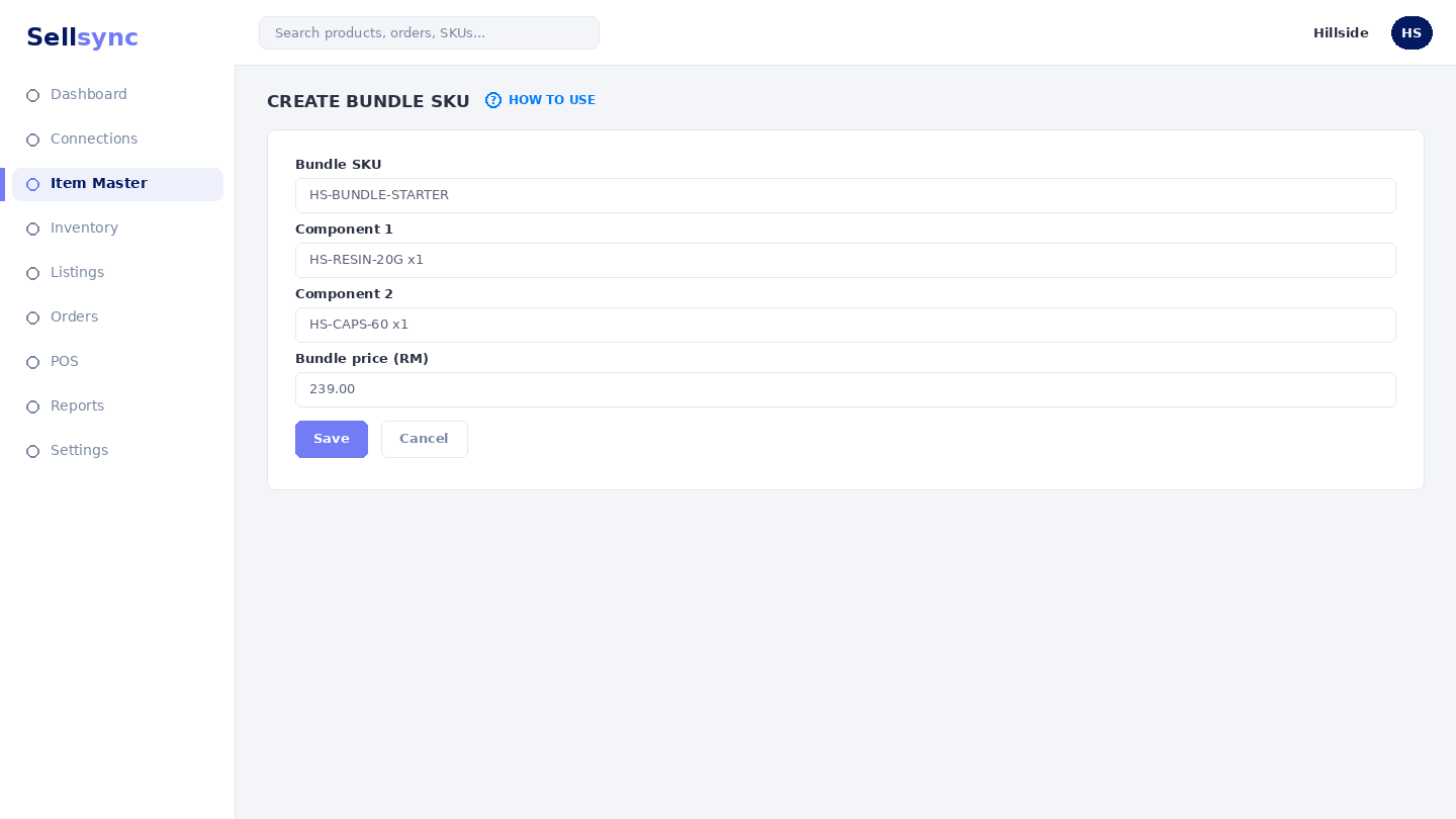 The Create Bundle SKU form listing component SKUs and quantities.