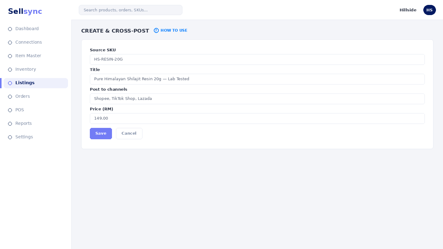 The Create Listing screen mapping a master SKU to a marketplace.