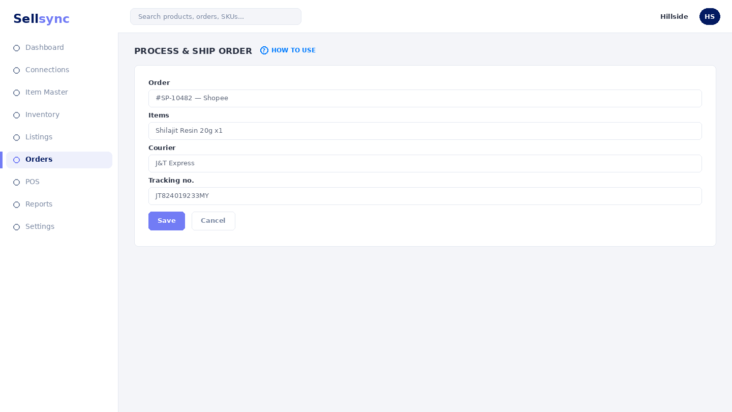 An order opened in Manage Orders, ready to pick, pack, and ship.