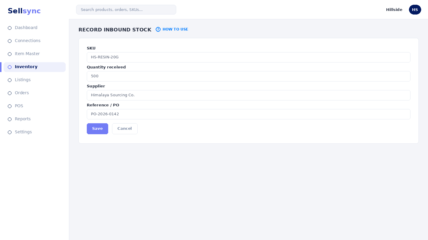 The Inbound Stocks form with SKU and quantity-received fields.