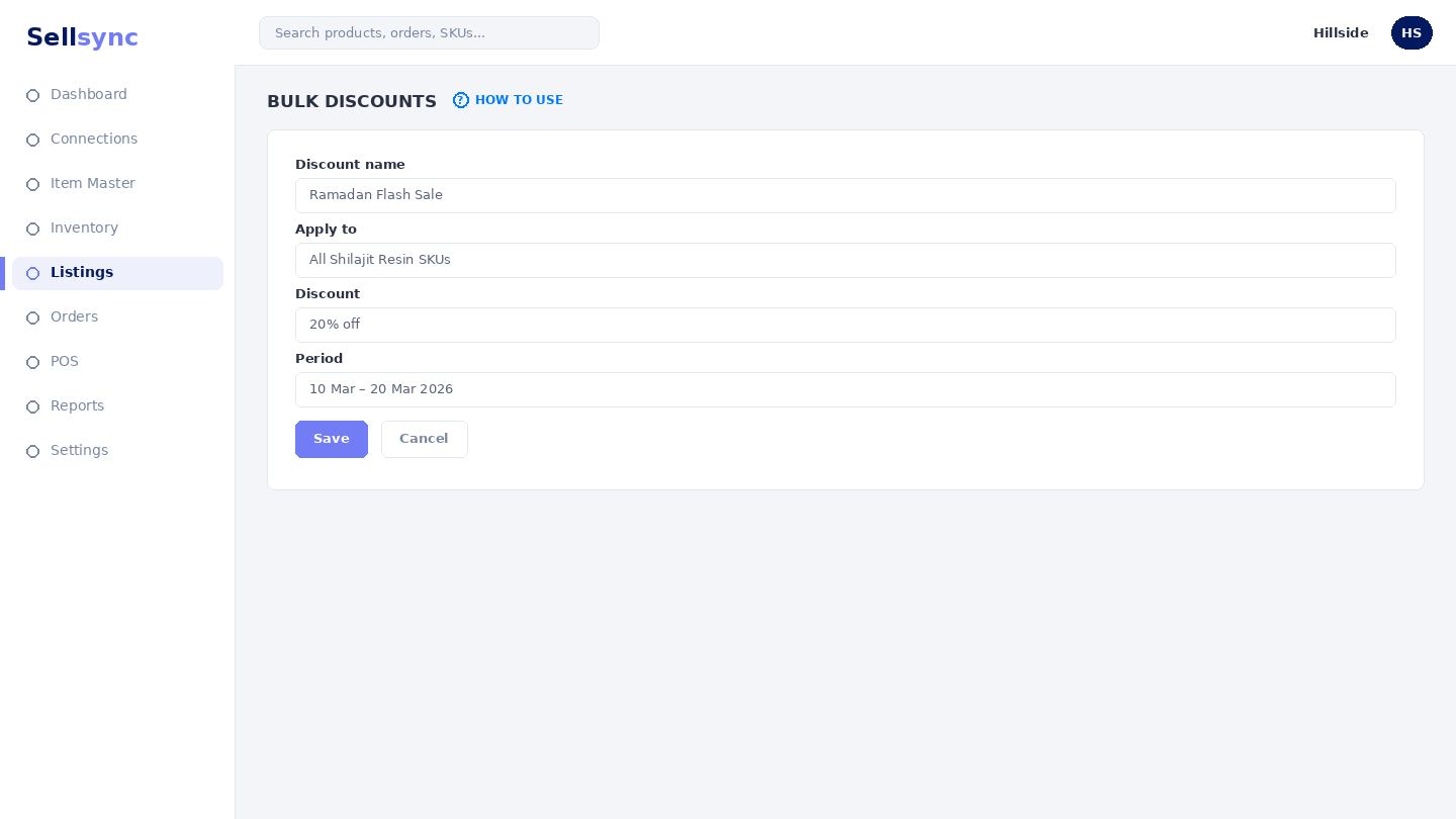 The Bulk Update Discounts screen with selected listings.